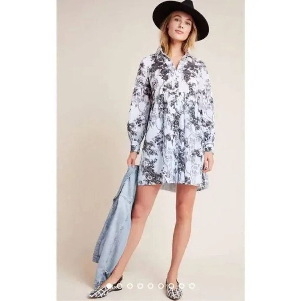 |By Anthropologie Sz 20W White Black Ombre Floral Lavinia Embroidered Shirt Dres